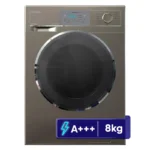 نمای روبرو از لباسشویی 8 کیلویی نقره‌ای دوو مدل LM-830S با پنل نقره‌ای